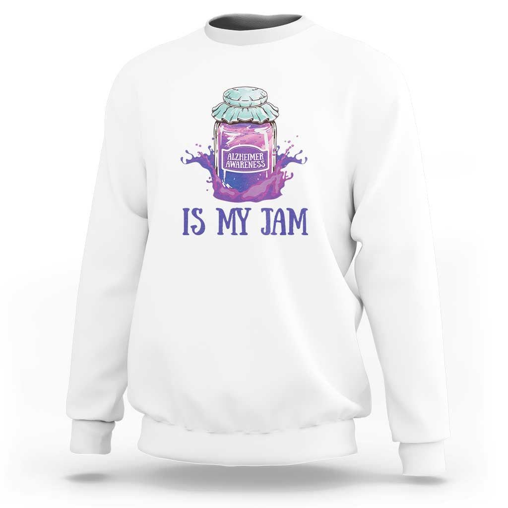 White sweatshirt with “IS MY JAM” Alzheimer awareness jar graphic on front