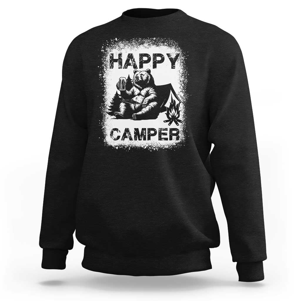 Black crewneck sweatshirt with 'HAPPY CAMPER' bear graphic