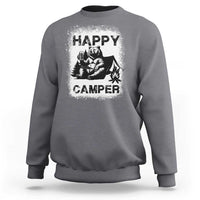 Charcoal heather crewneck sweatshirt with 'HAPPY CAMPER' bear graphic