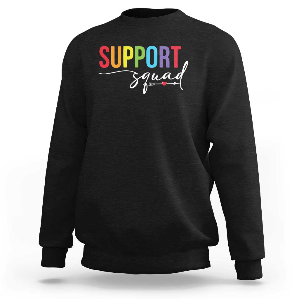 Black crewneck sweatshirt with “Support” and “Squad” graphic on the chest