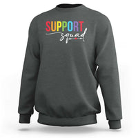 Charcoal crewneck sweatshirt with “Support” and “Squad” graphic on the chest