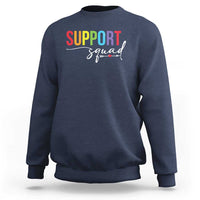 Navy crewneck sweatshirt with “Support” and “Squad” graphic on the chest