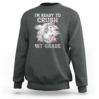 Charcoal gray crewneck sweatshirt with unicorn graphic and “I'm Ready to Crush 1st Grade” text
