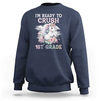 Navy crewneck sweatshirt with unicorn graphic and “I'm Ready to Crush 1st Grade” text