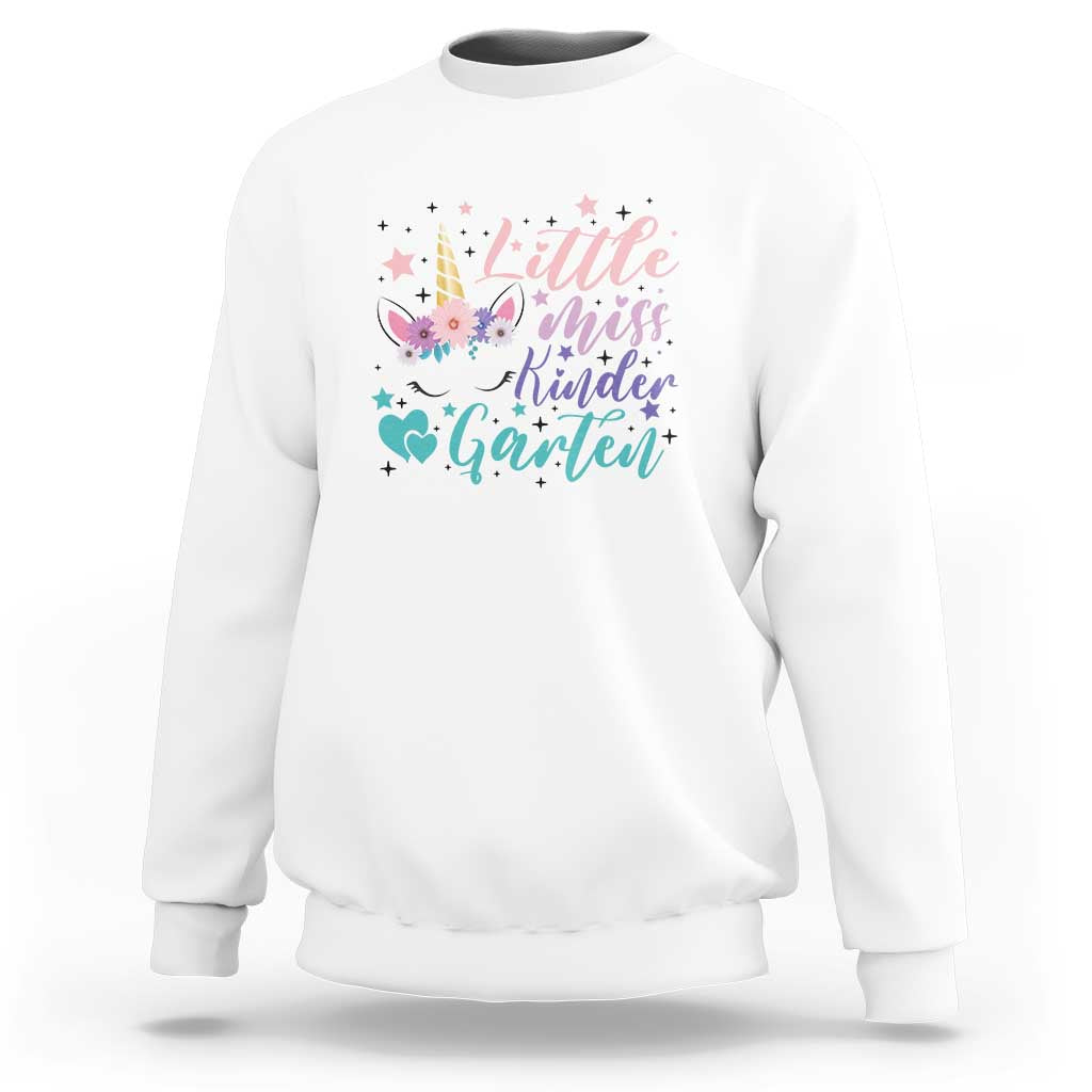 Girls' white sweatshirt with unicorn graphic and “Little Miss Kindergarten Garten” text