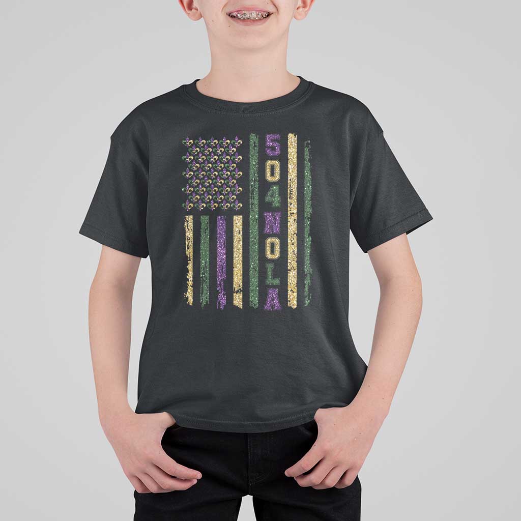 Funny Mardi Gras New Orleans Louisiana T Shirt For Kid 504 Nola Area Code Glitter Print American Flag