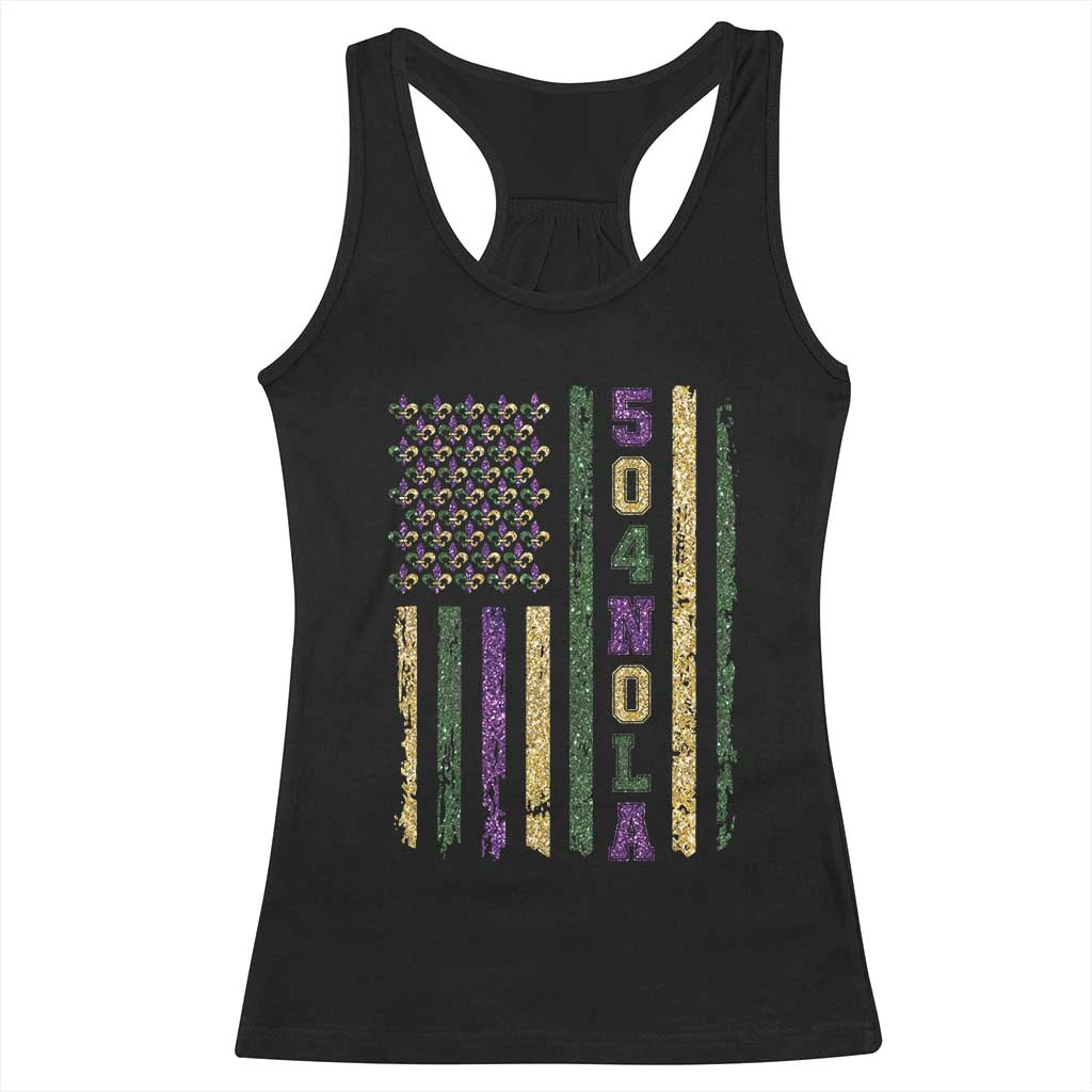 Funny Mardi Gras New Orleans Louisiana Racerback Tank Top 504 Nola Area Code Glitter Print American Flag