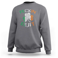 Charcoal gray sweatshirt with shamrock graphic and slogan text on the back
