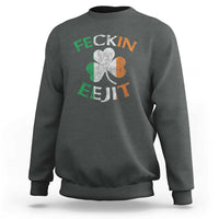Dark heather sweatshirt with shamrock graphic and slogan text on the back
