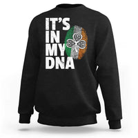 Black crewneck sweatshirt with “It’s in my DNA” Irish graphic on the back