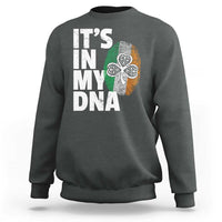 Dark heather gray crewneck sweatshirt with “It’s in my DNA” Irish graphic on the back