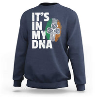 Navy crewneck sweatshirt with “It’s in my DNA” Irish graphic on the back
