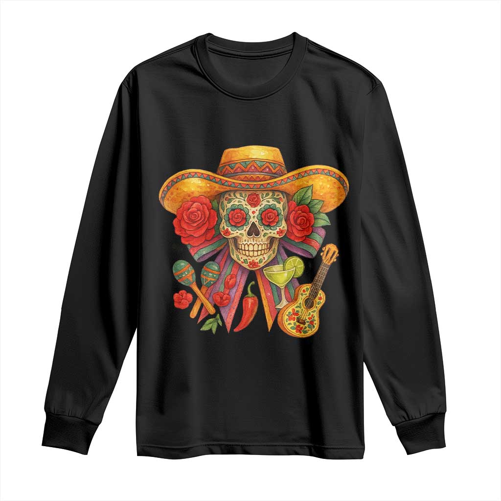 Black long sleeve T-shirt with colorful sugar skull wearing sombrero graphic
