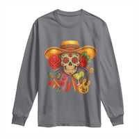 Dark heather gray long sleeve T-shirt with colorful sugar skull wearing sombrero graphic