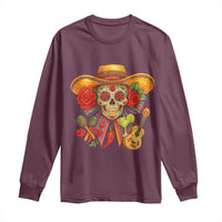 Maroon long sleeve T-shirt with colorful sugar skull wearing sombrero graphic