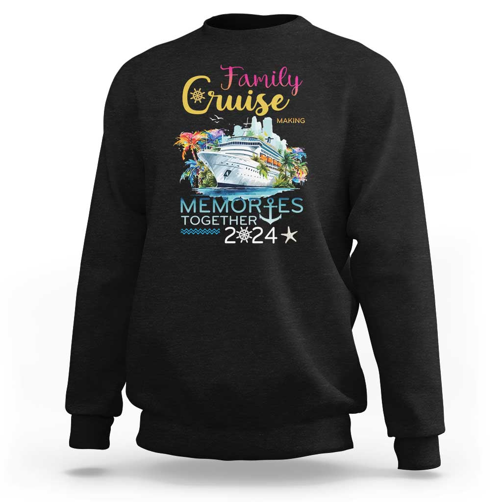 Black crewneck sweatshirt with front “Family Cruise” graphic and “Memories Together 2024” print