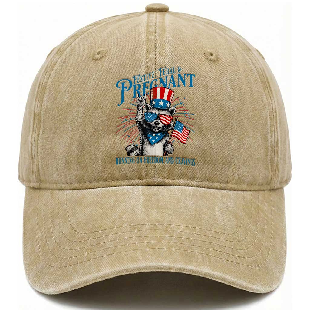 Funny Festive Feral and Pregnant Washed Cotton Baseball Cap Running On Freedom And Cravings 4th of July Maternity Raccoon