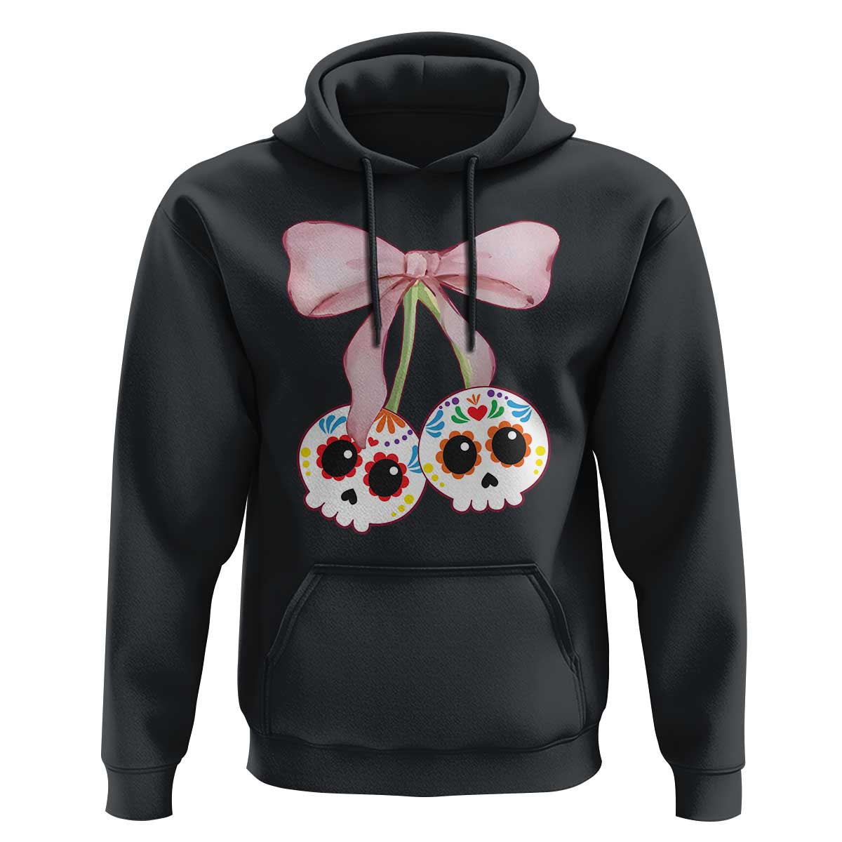 Black Day of the Dead sugar skull graphic hoodie with pink bow