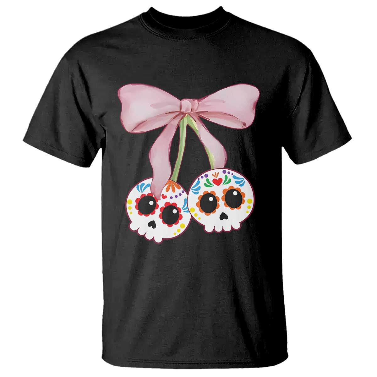 Day of the Dead graphic T-shirt in black with pink bow and sugar skull faces