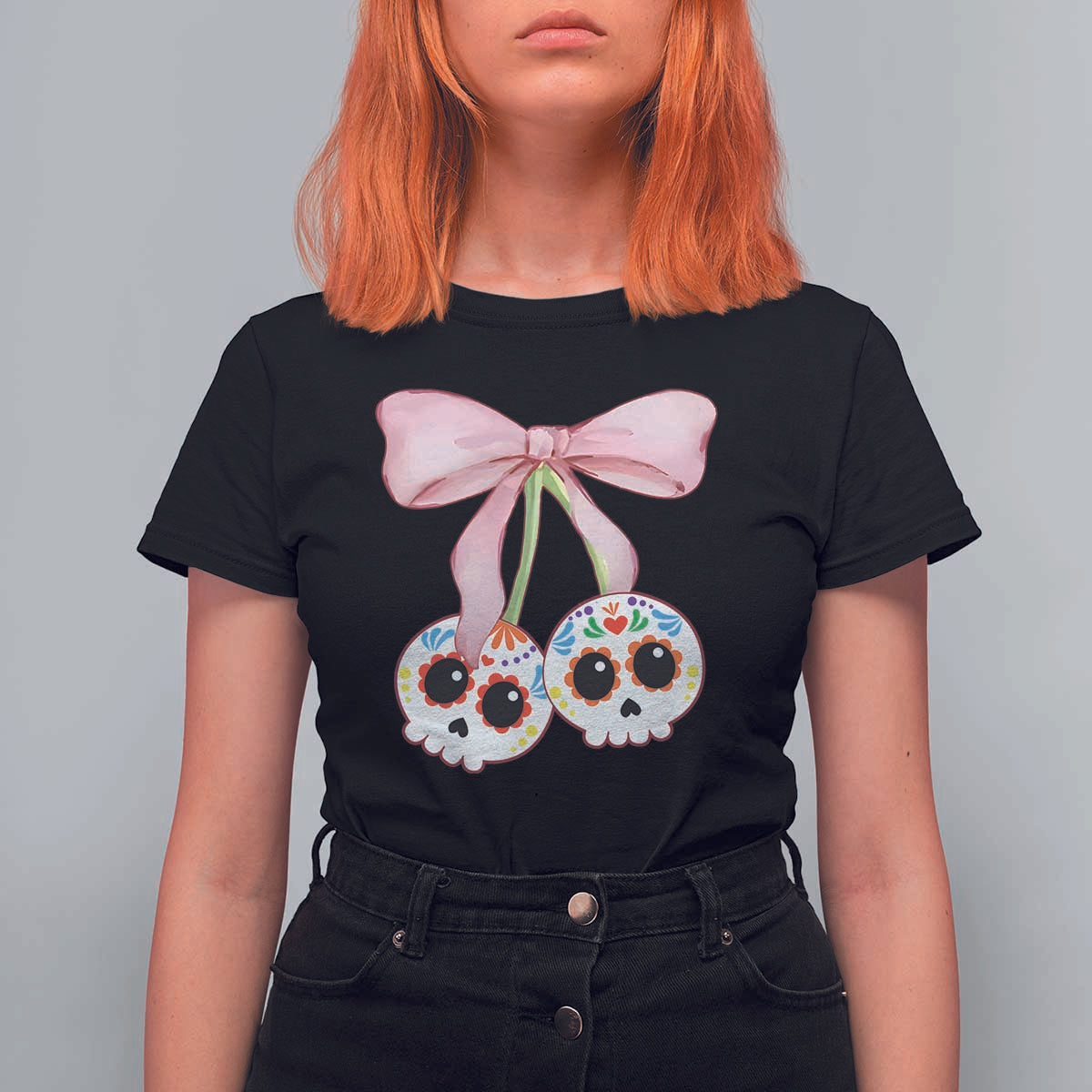 Day Of The Dead T Shirt For Women Sugar Skull Pink Bow Coquette Aesthetic