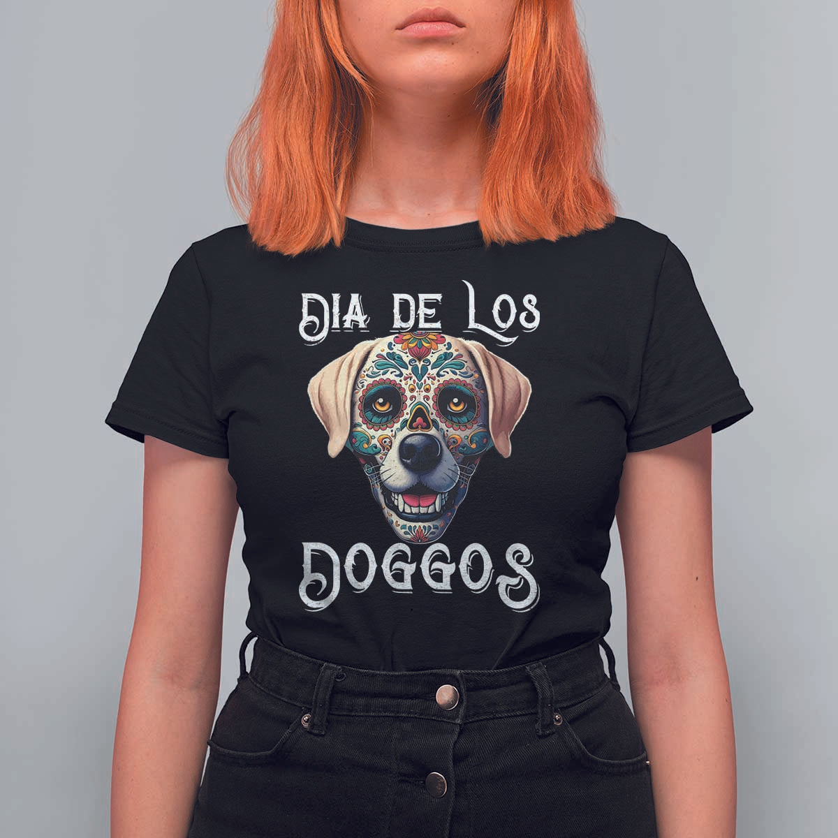 Day Of The Dead T Shirt For Women Dia De Los Doggos Dog Calaca Face Painting