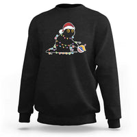 Dark gray sweatshirt with embroidered cat in Santa hat and colorful holiday lights graphic