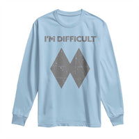 Light blue long-sleeve crewneck shirt with 'I'M DIFFICULT' text and double diamond graphic