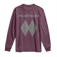 Maroon long-sleeve crewneck shirt with 'I'M DIFFICULT' text and double diamond graphic