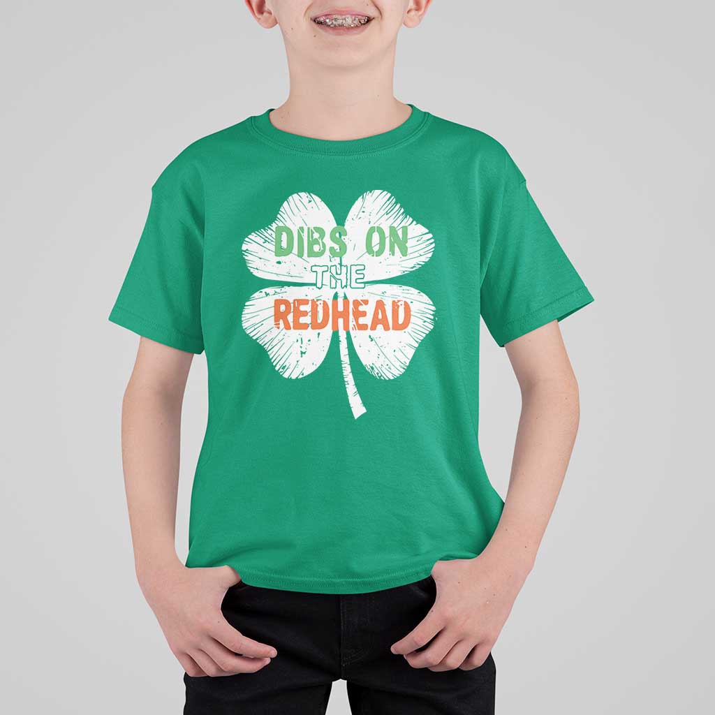 Funny Irish St Patrick's Day Dibs On The Redhead T Shirt For Kid Vintage Clover Shamrock