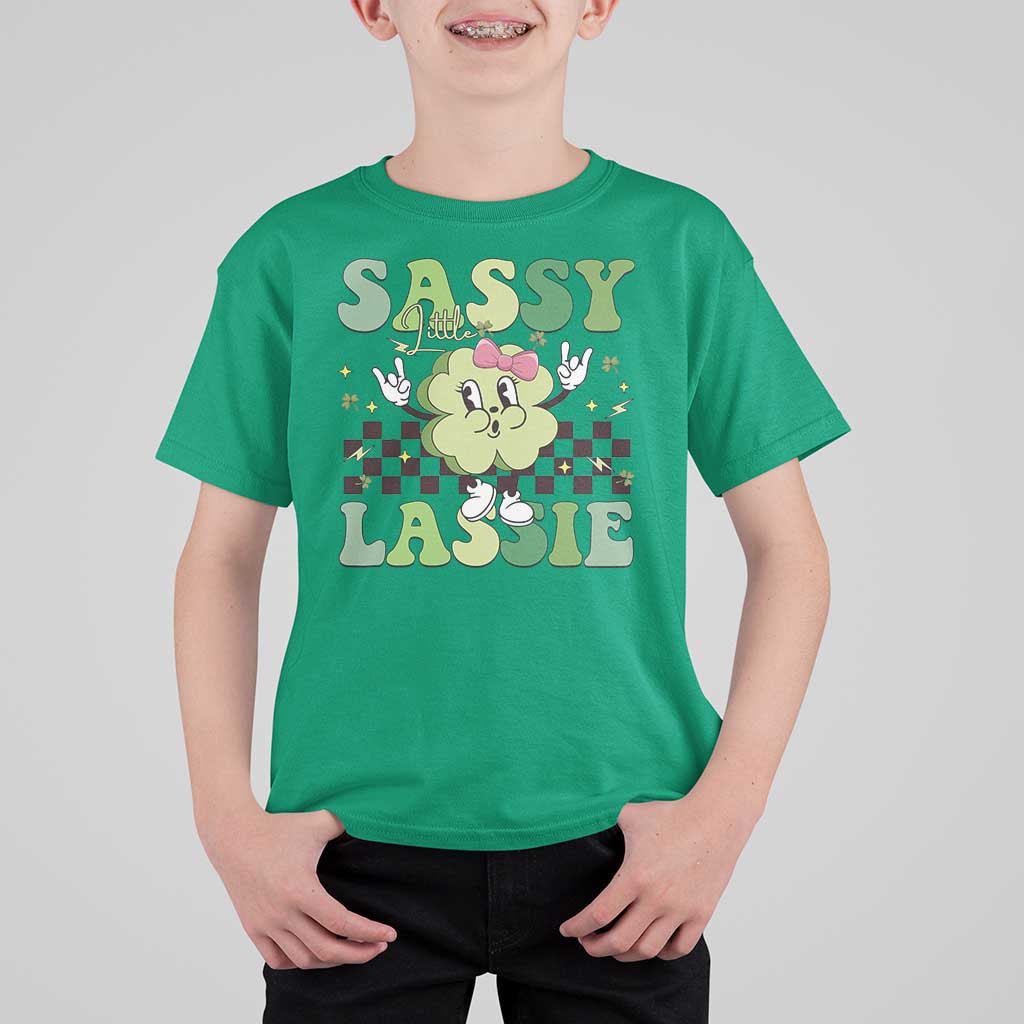 Funny St Patrick's Day Sassy Little Lassie T Shirt For Kid Retro Groovy Clover