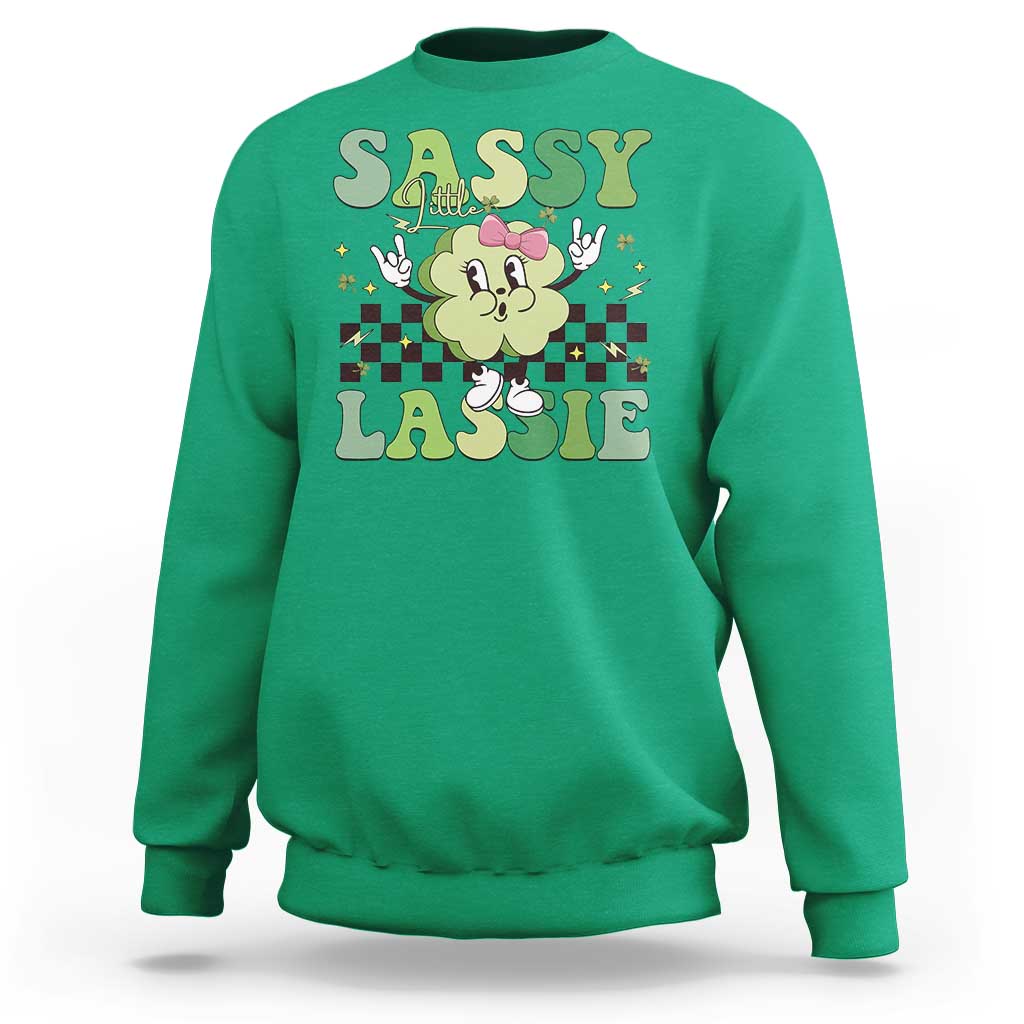 Funny St Patrick's Day Sassy Little Lassie Sweatshirt Retro Groovy Clover