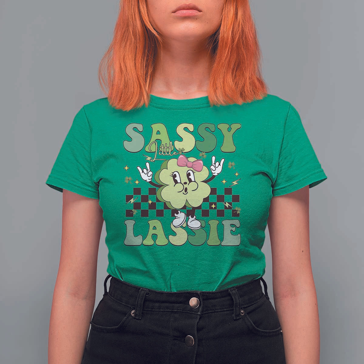 Funny St Patrick's Day Sassy Little Lassie T Shirt For Women Retro Groovy Clover