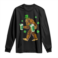 Black long-sleeve graphic shirt with Bigfoot holding green beer mugs and clover icons