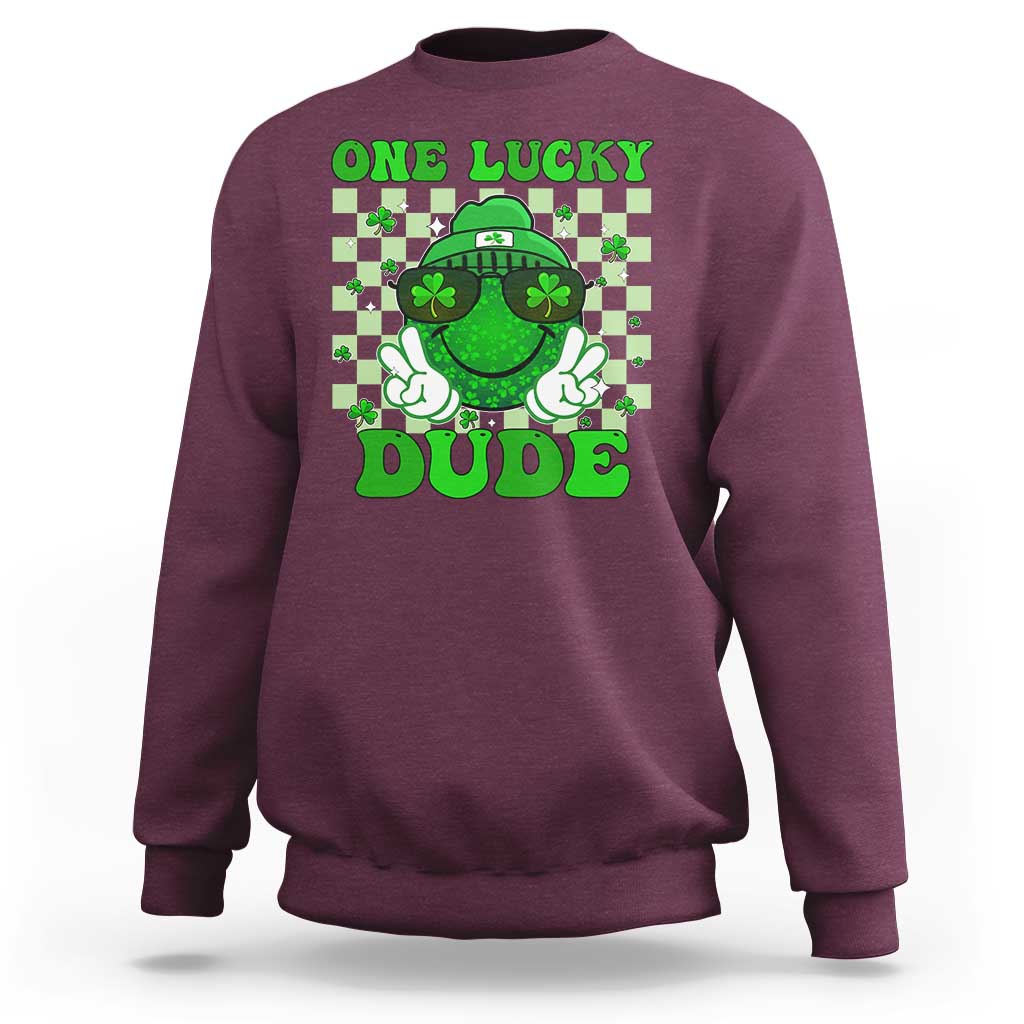 Funny One Lucky Dude St Patrick's Day Sweatshirt Checkerboard Shamrock