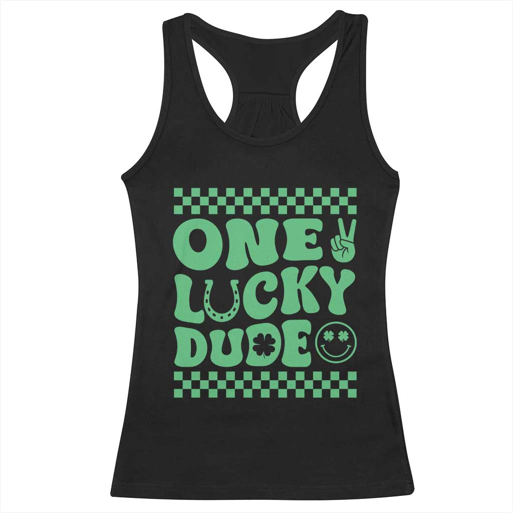 Funny One Lucky Dude Racerback Tank Top St Patrick's Day Clover Horseshoe