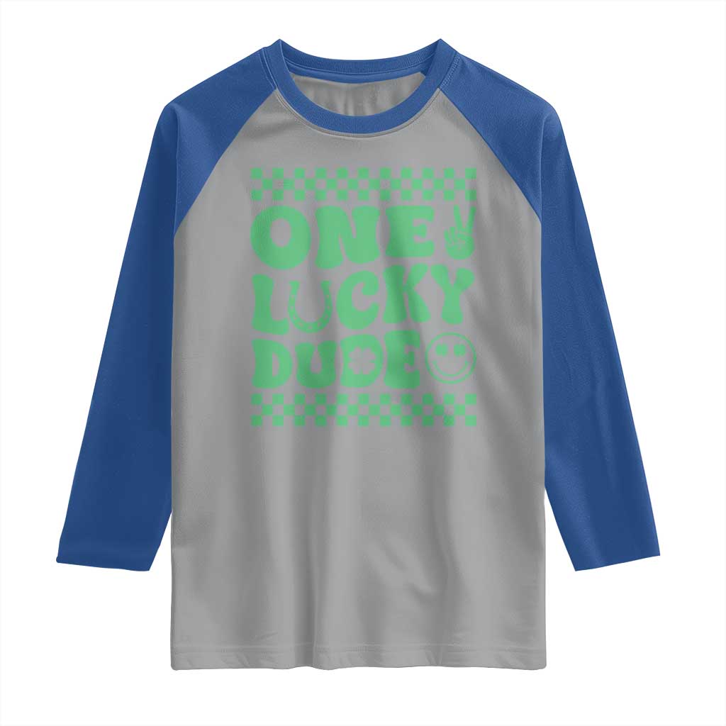 Funny One Lucky Dude Raglan Shirt St Patrick's Day Clover Horseshoe