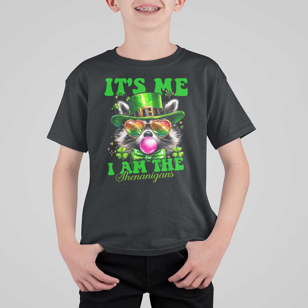 Funny It's Me I Am The Shenanigans T Shirt For Kid St Patrick's Day Racoon Shamrock