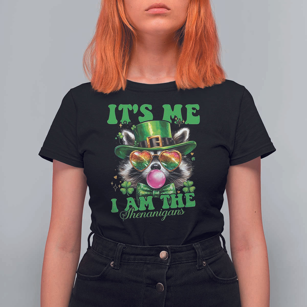 Funny It's Me I Am The Shenanigans T Shirt For Women St Patrick's Day Racoon Shamrock