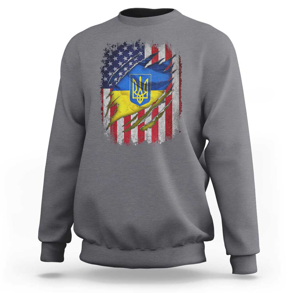 Dark heather vintage-style sweatshirt with front Ukraine and USA flags graphic