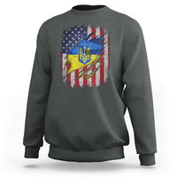 Charcoal vintage-style sweatshirt with front Ukraine and USA flags graphic
