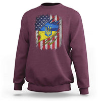 Maroon vintage-style sweatshirt with front Ukraine and USA flags graphic