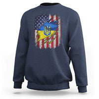 Navy vintage-style sweatshirt with front Ukraine and USA flags graphic