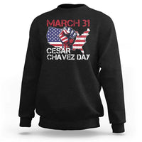 Black crewneck sweatshirt with March 31 and Cesar Chavez Day graphic on front