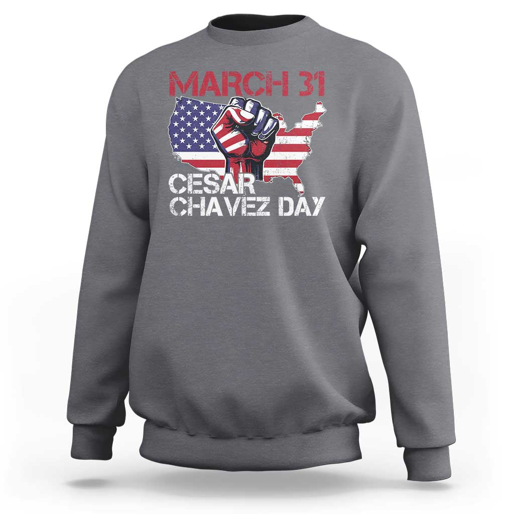 Dark heather crewneck sweatshirt with March 31 and Cesar Chavez Day graphic on front