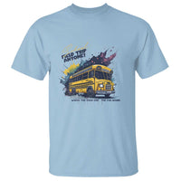 Light blue crew-neck T-shirt with school bus graphic and 'School Trip Anyone?' text