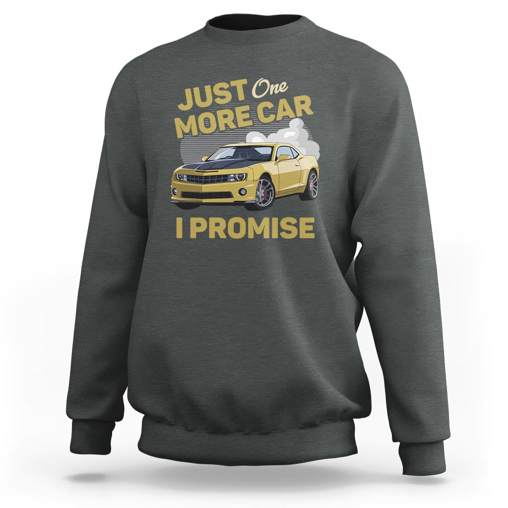 Car lover sweatshirt, dark heather gray, racing car graphic with "I promise" text
