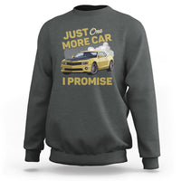 Car lover sweatshirt, dark heather gray, racing car graphic with "I promise" text