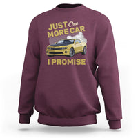 Car lover sweatshirt, maroon, racing car graphic with "I promise" text