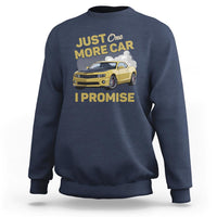 Car lover sweatshirt, navy blue, racing car graphic with "I promise" text