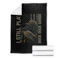 Black duck hunting dog throw blanket with dog in hat and duck-themed graphic